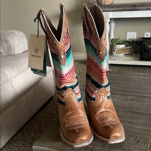 Ariat Brown Cowboy Boot with Colorful Accent Pattern - Picture 2 of 12